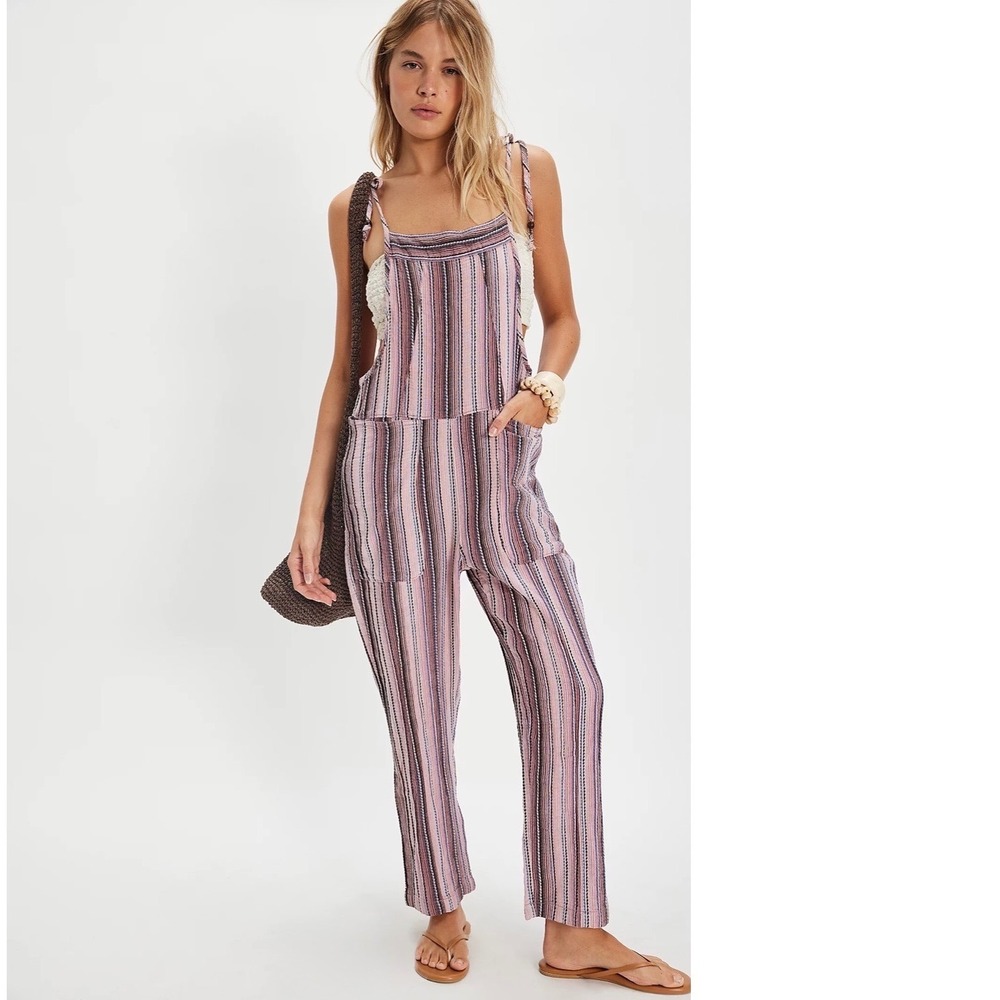 Free People Freya Stripe Overalls womens Small Tie Shoulder Pink Sleeveless